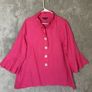 John Mark Top L 100% Linen Barbie Pink Flutter Sleeve Boho Tunic Mother Of Pearl